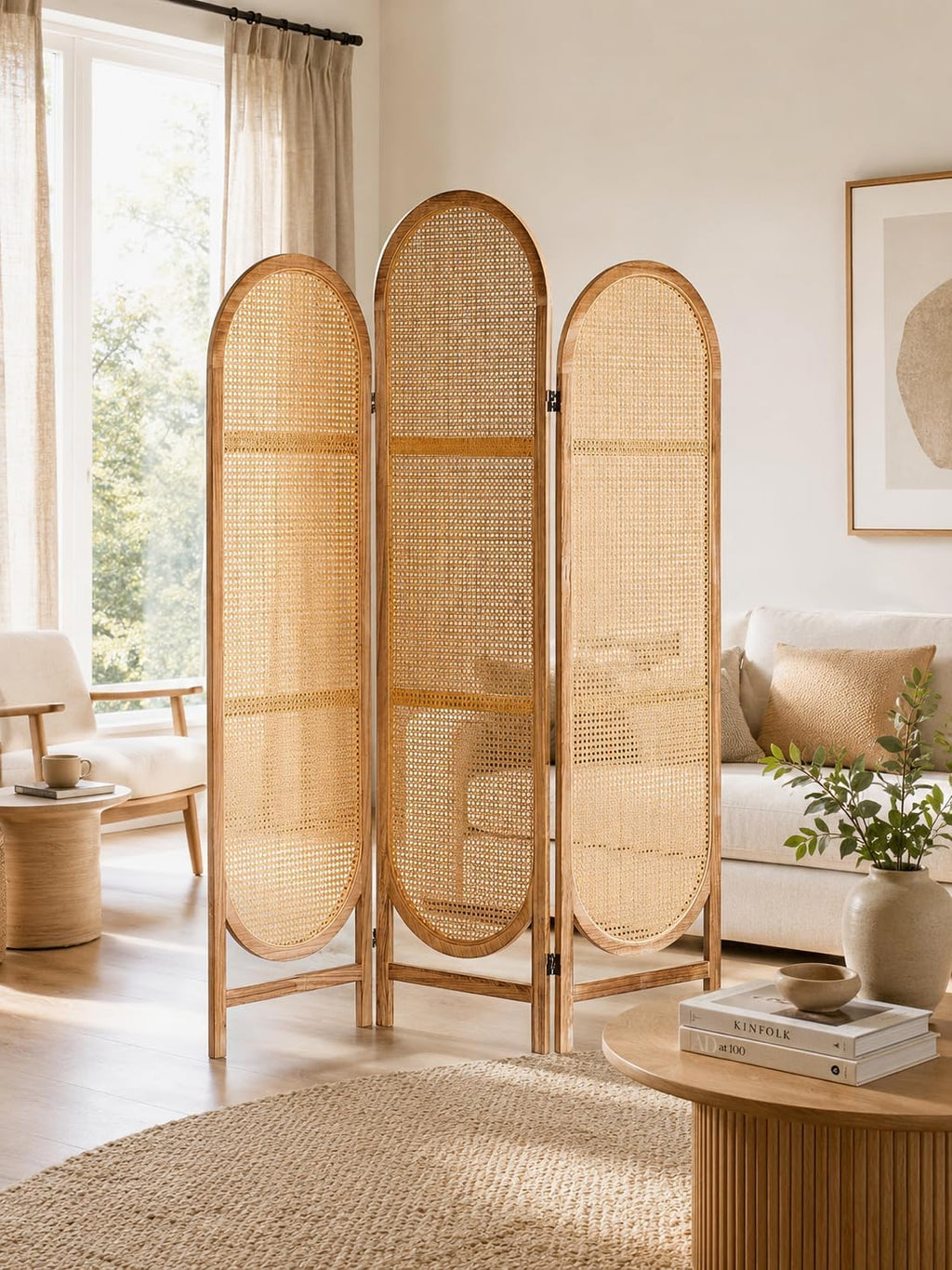 3 Panel Rattan Wooden Room Divider