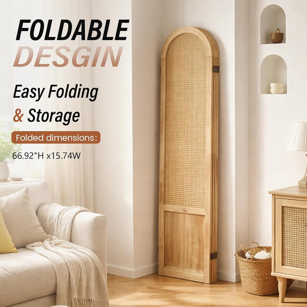 4 Panel Rattan Wood Room Divider