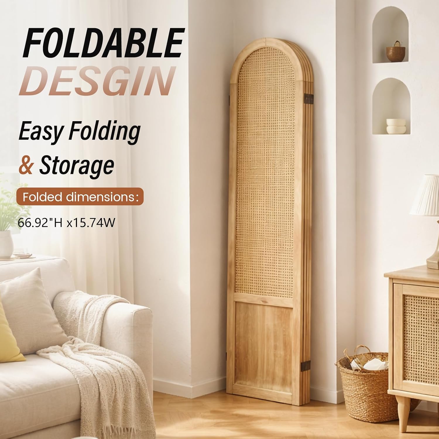 4 Panel Rattan Wood Room Divider