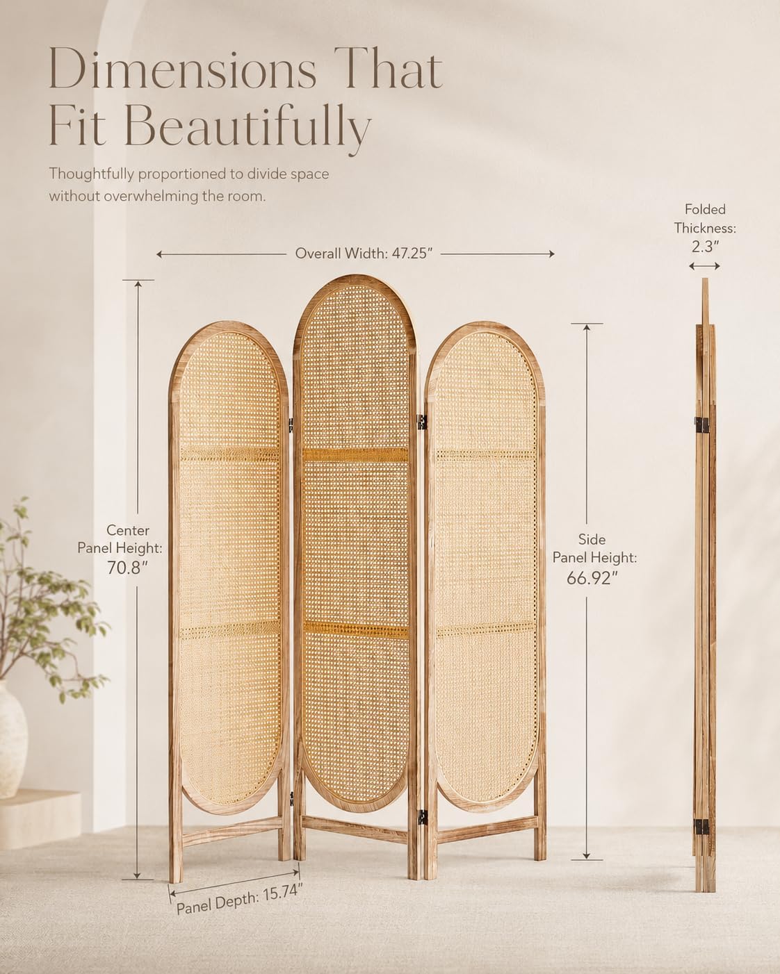 3 Panel Rattan Wooden Room Divider