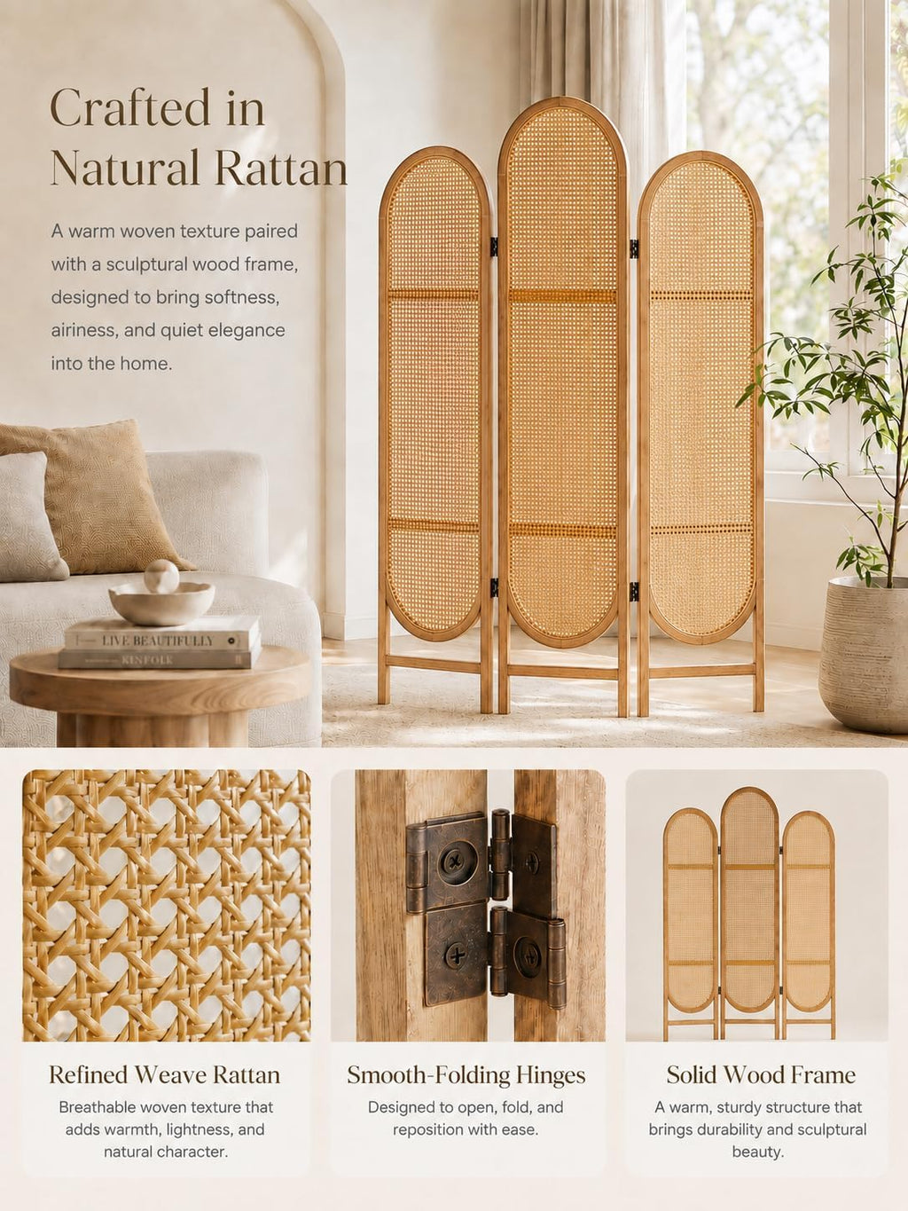 3 Panel Rattan Wooden Room Divider