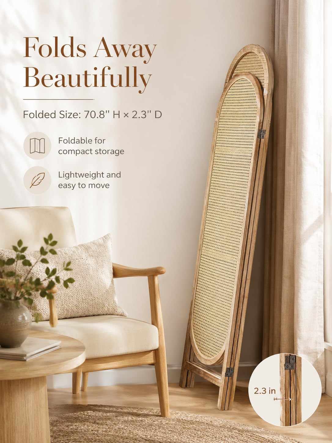 3 Panel Rattan Wooden Room Divider