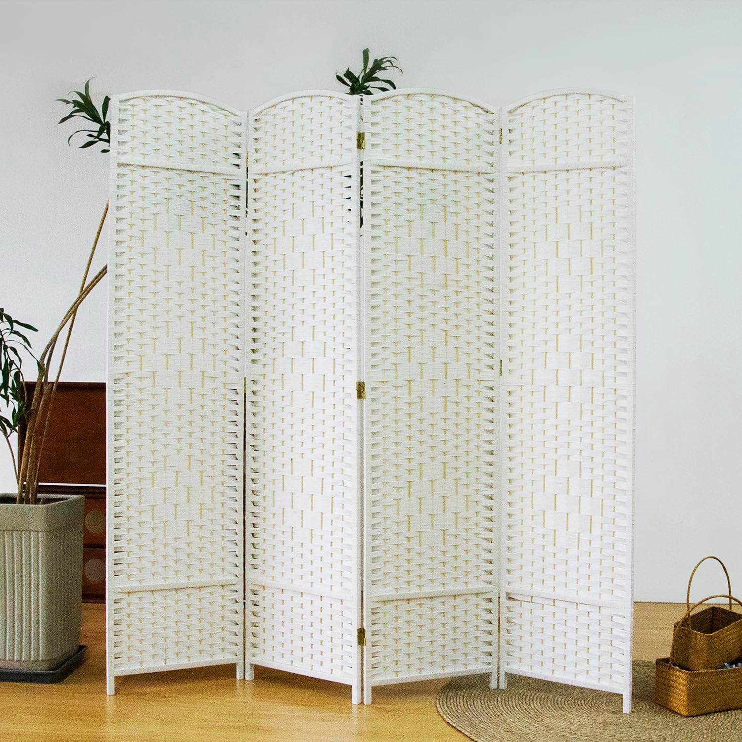 4 Panel White Rattan Room Divider