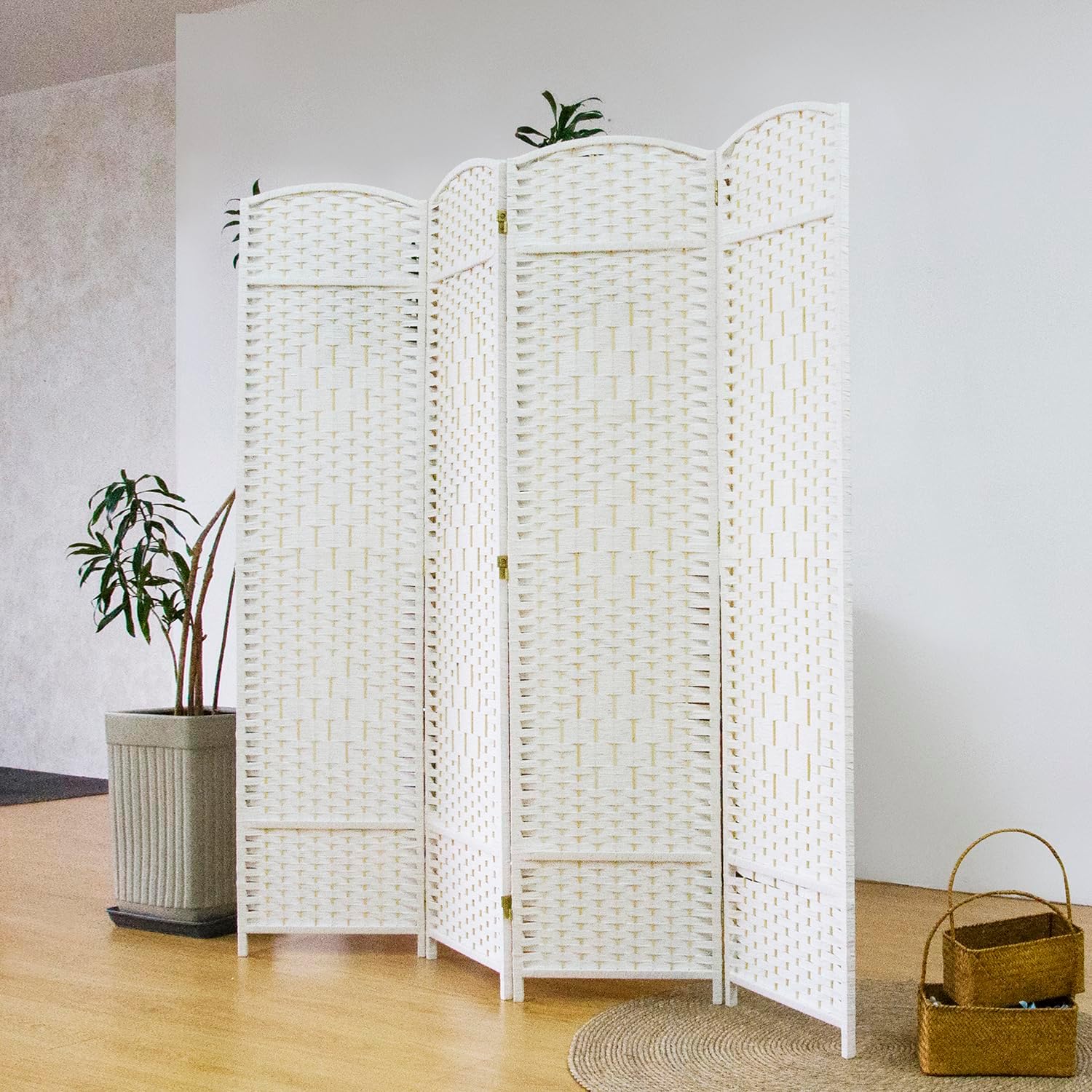 4 Panel White Rattan Room Divider