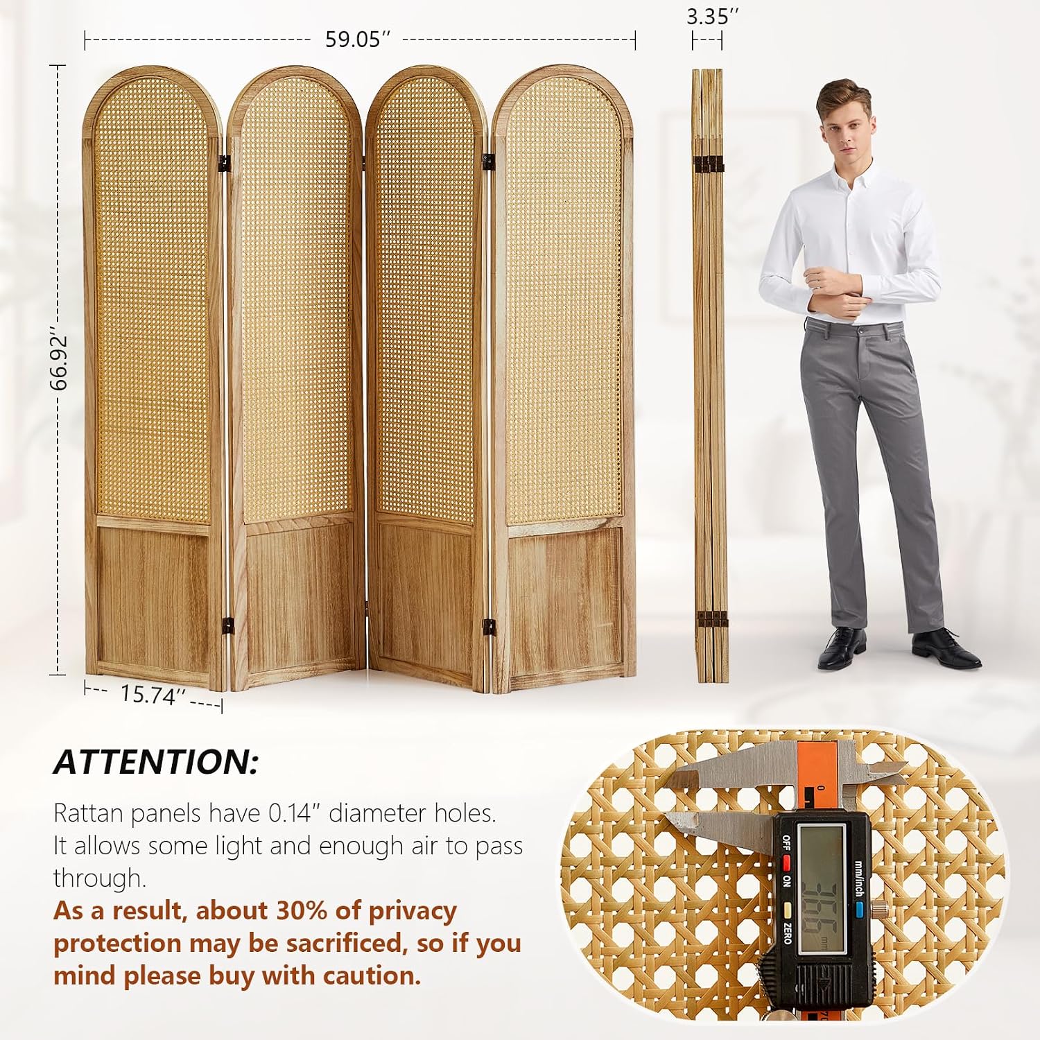 4 Panel Rattan Wood Room Divider