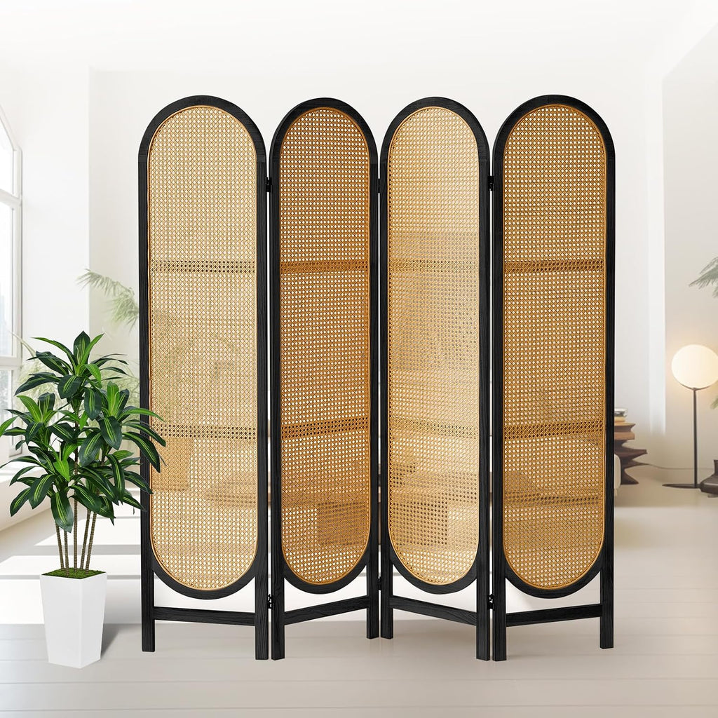 4 Panel Black Rattan Room Divider