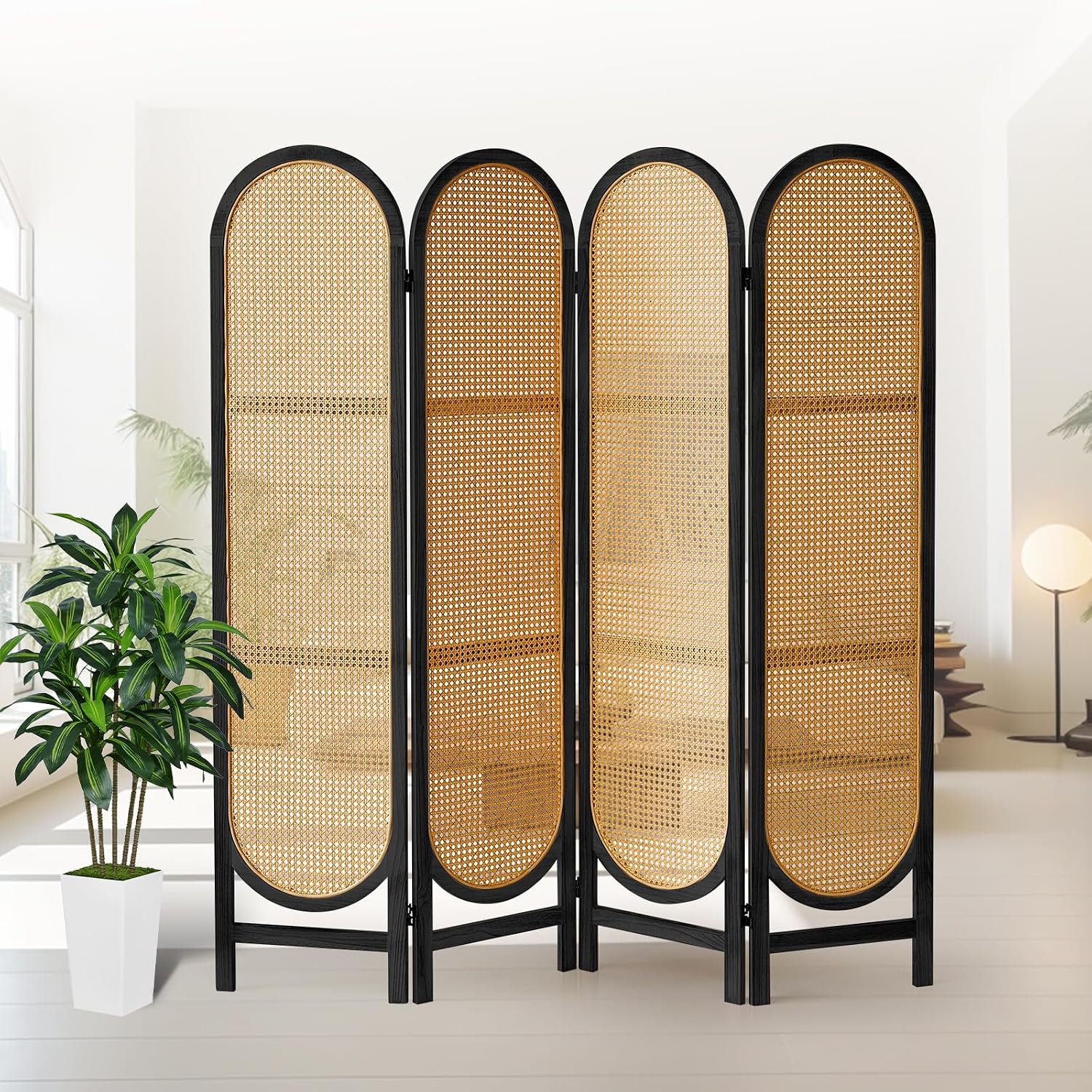 4 Panel Black Rattan Room Divider