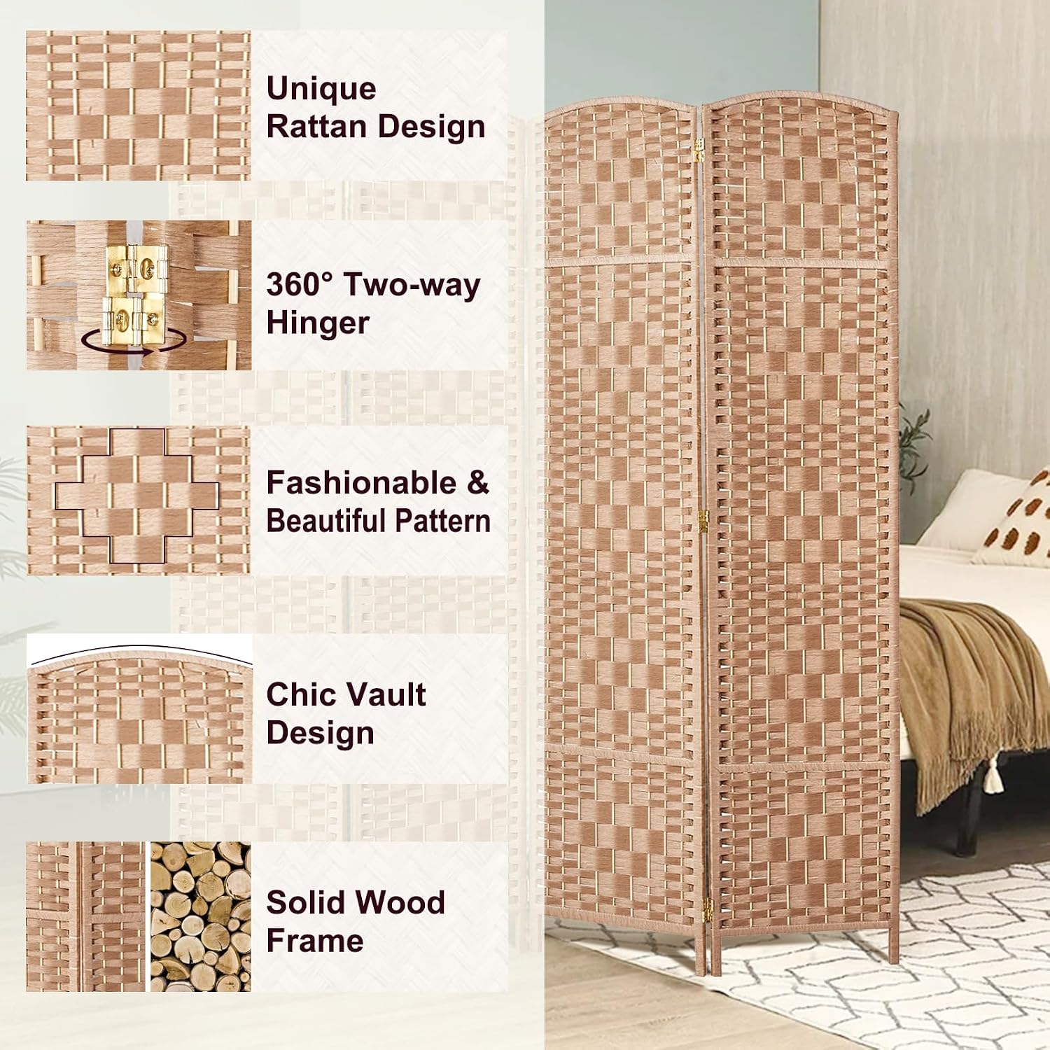 Rose Home Natural 3 Panel Room Divider