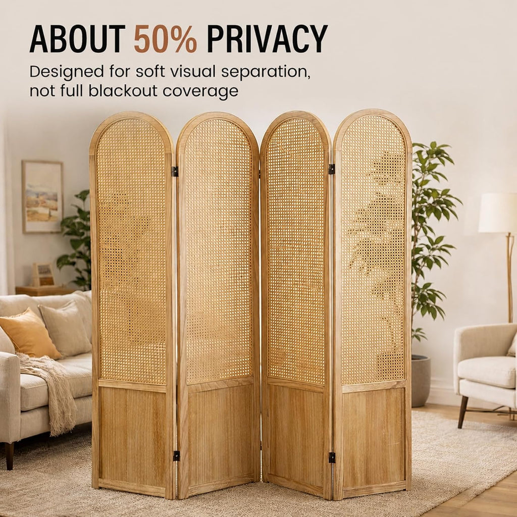 4 Panel Rattan Wood Room Divider