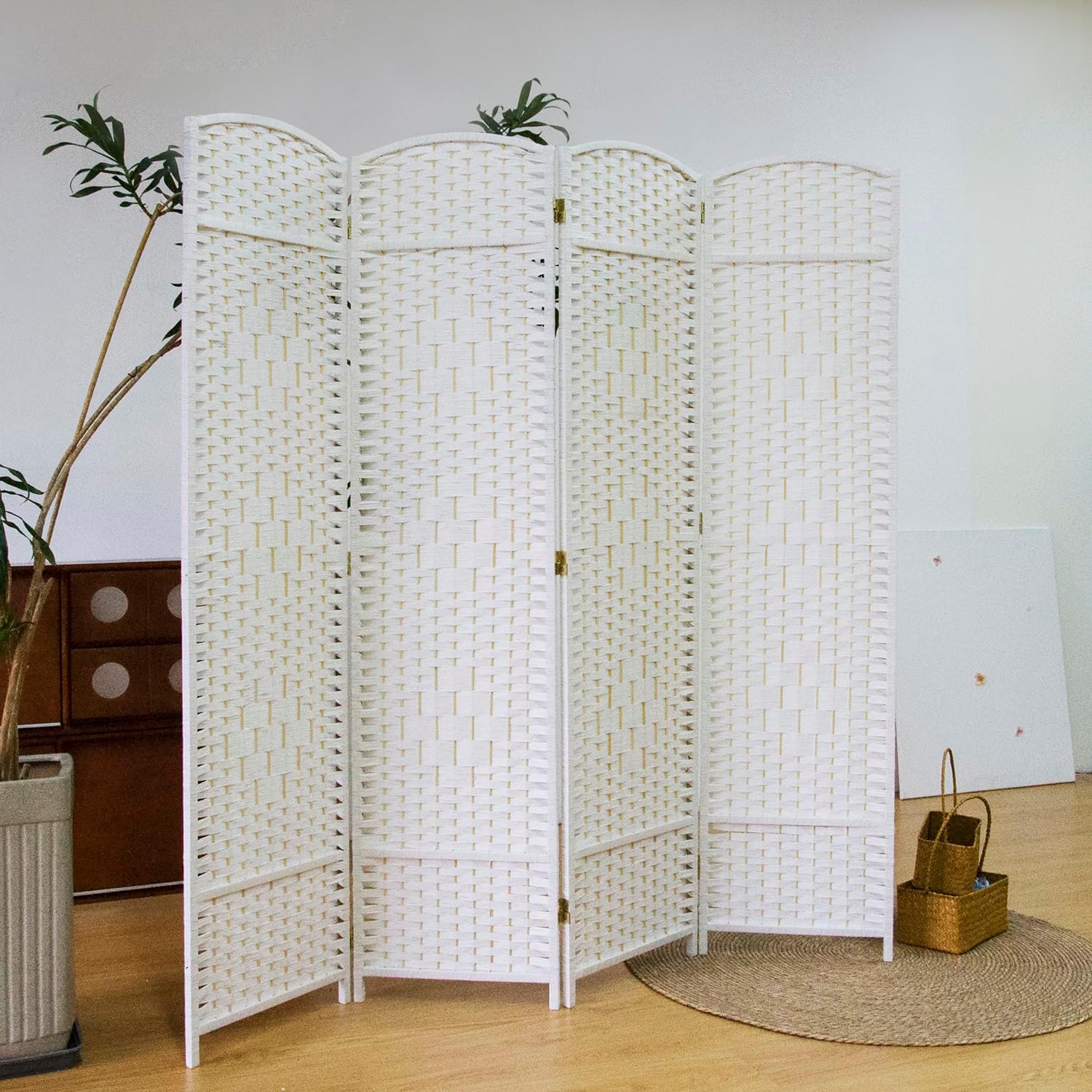 4 Panel White Rattan Room Divider