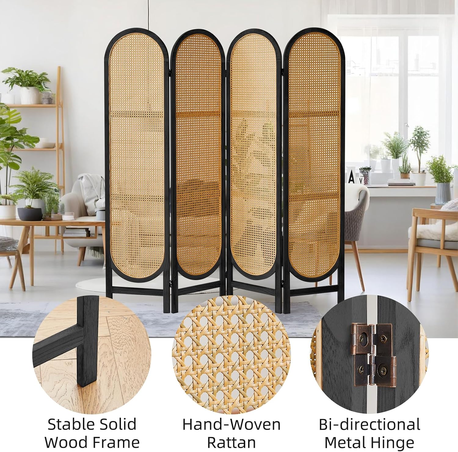 4 Panel Black Rattan Room Divider