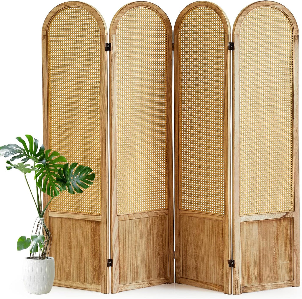 4 Panel Rattan Wood Room Divider