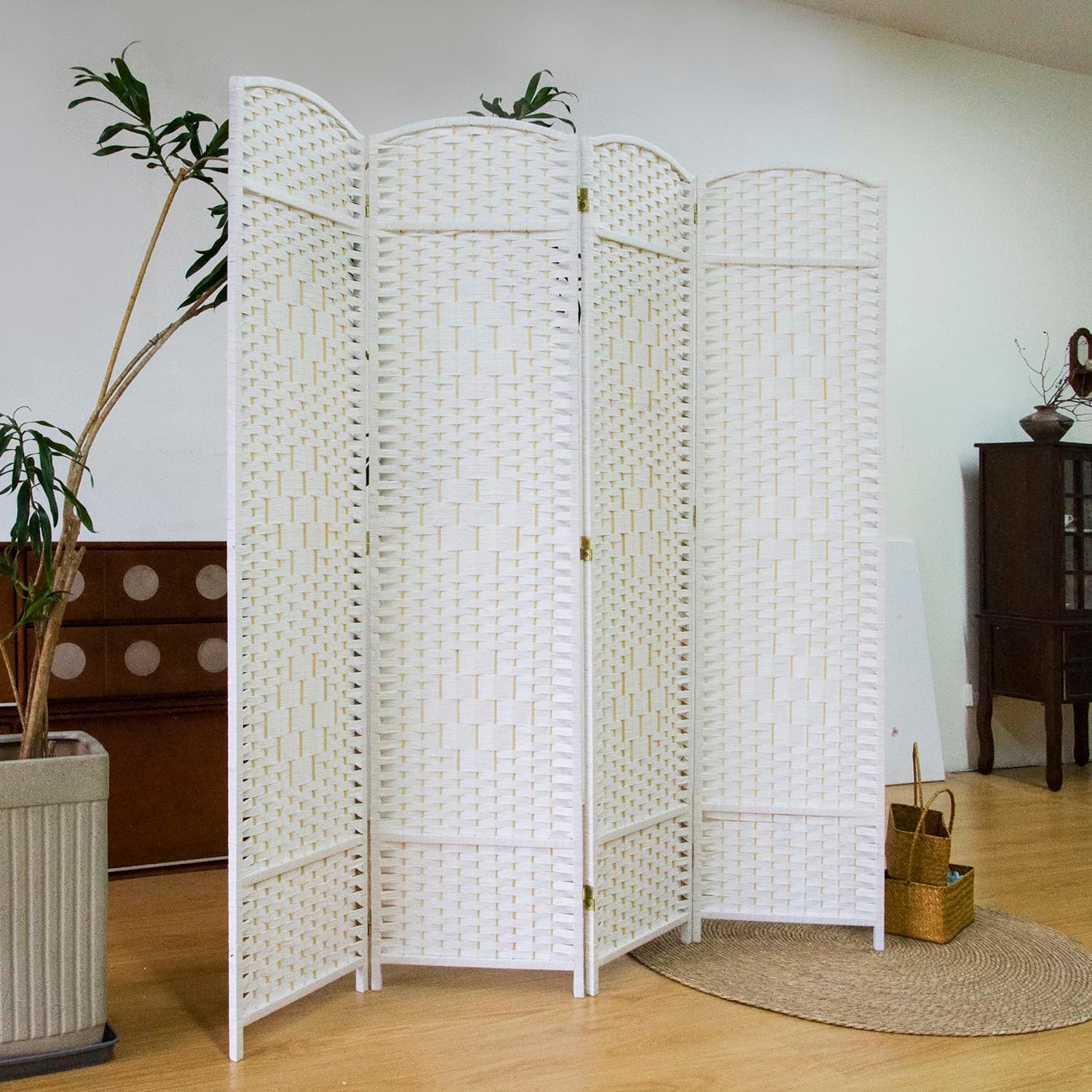 4 Panel White Rattan Room Divider