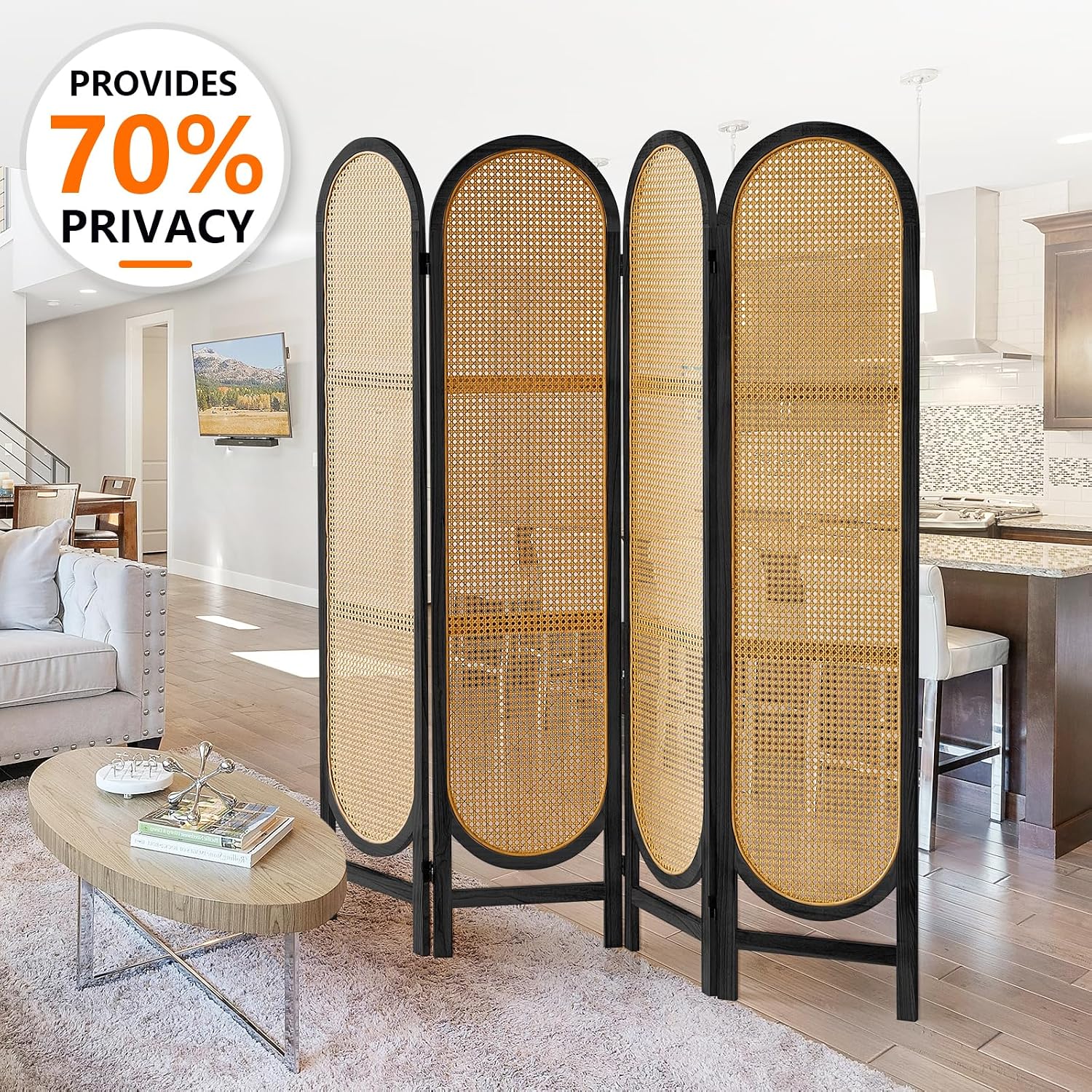 4 Panel Black Rattan Room Divider