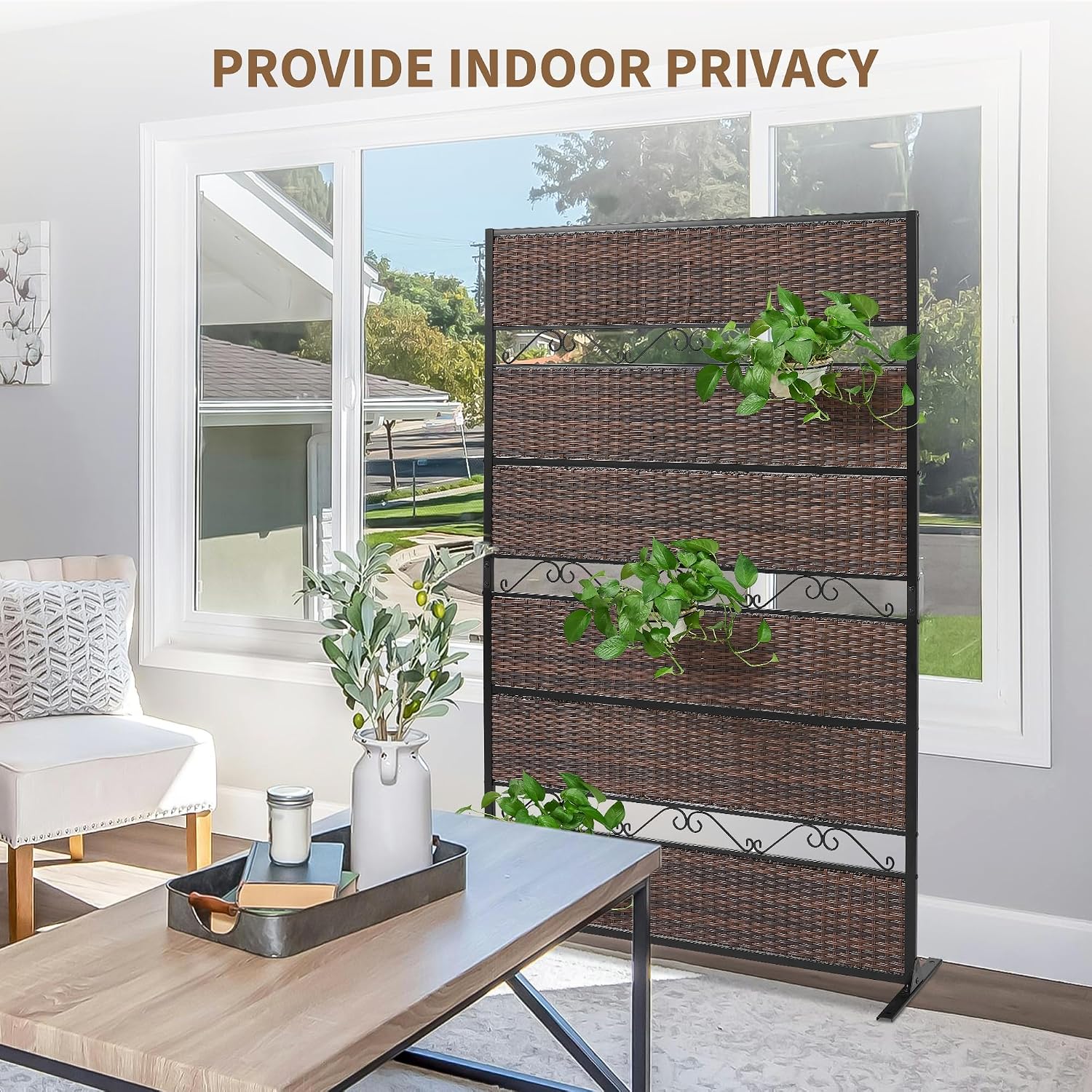 6FT Freestanding Wicker Metal Privacy Screen