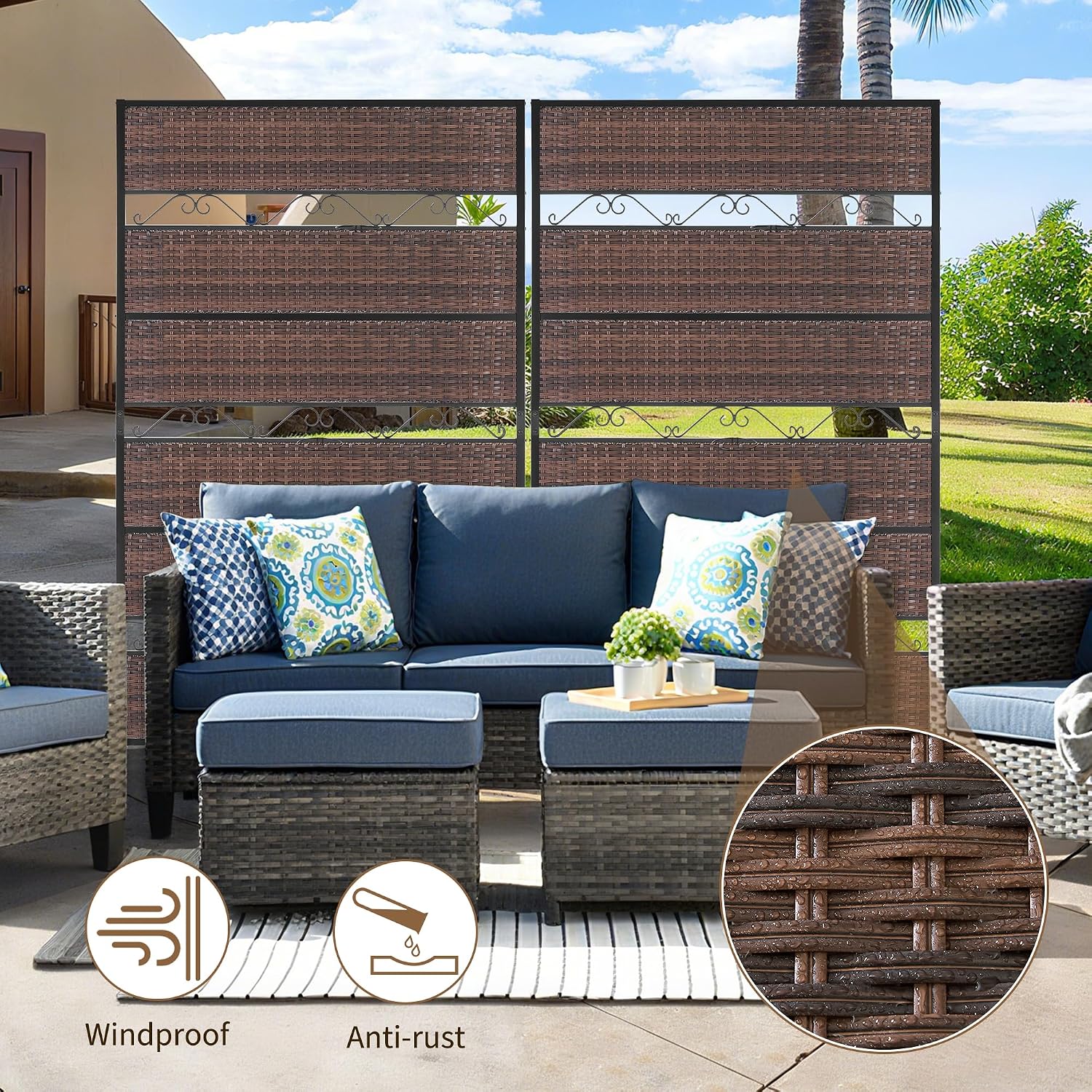 6FT Freestanding Wicker Metal Privacy Screen
